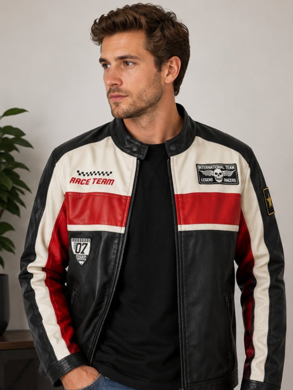 Distortion Men’s Large Race Team Moto Jacket Black Red Cream Faux Leather